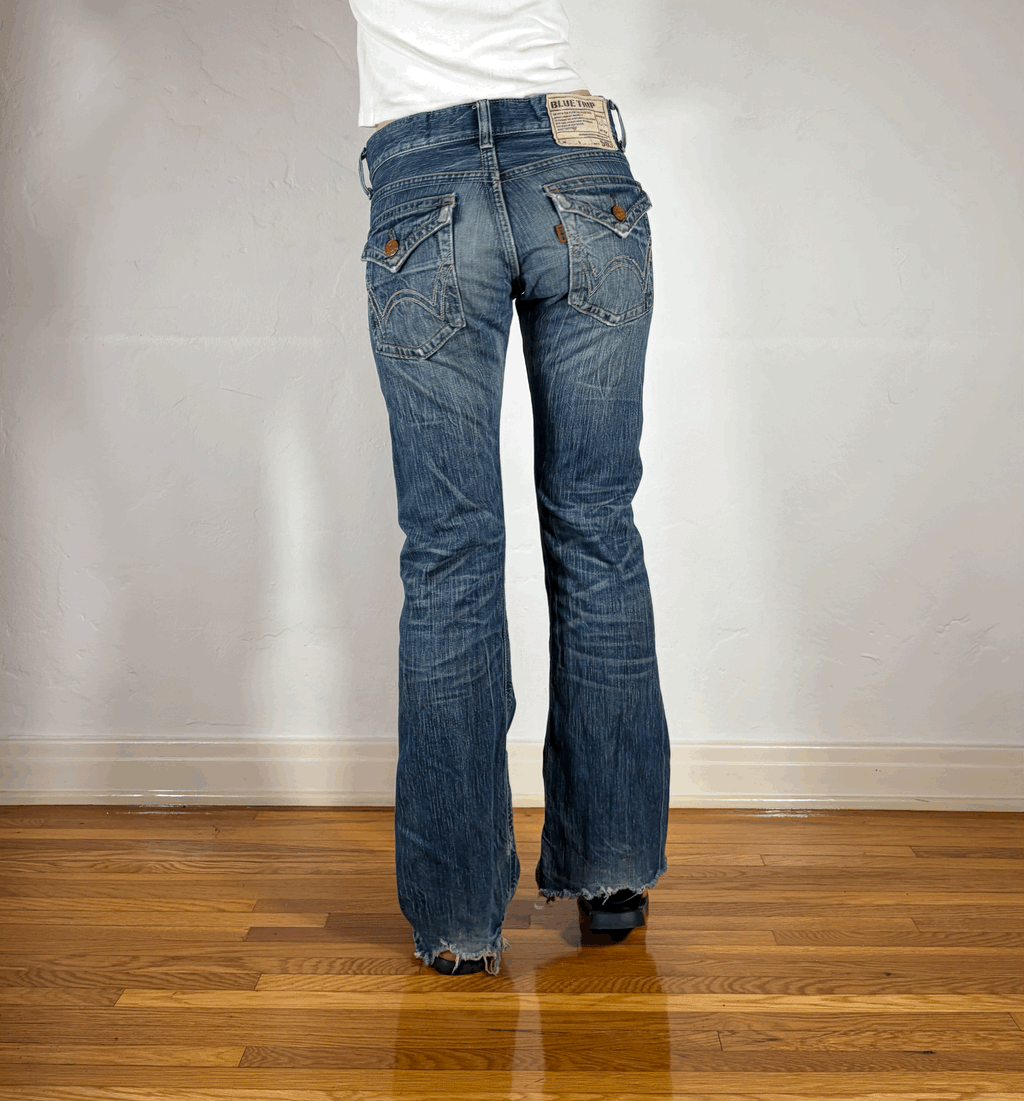 Edwin Distressed Ripped Blue Trip Flare Jeans, S/M