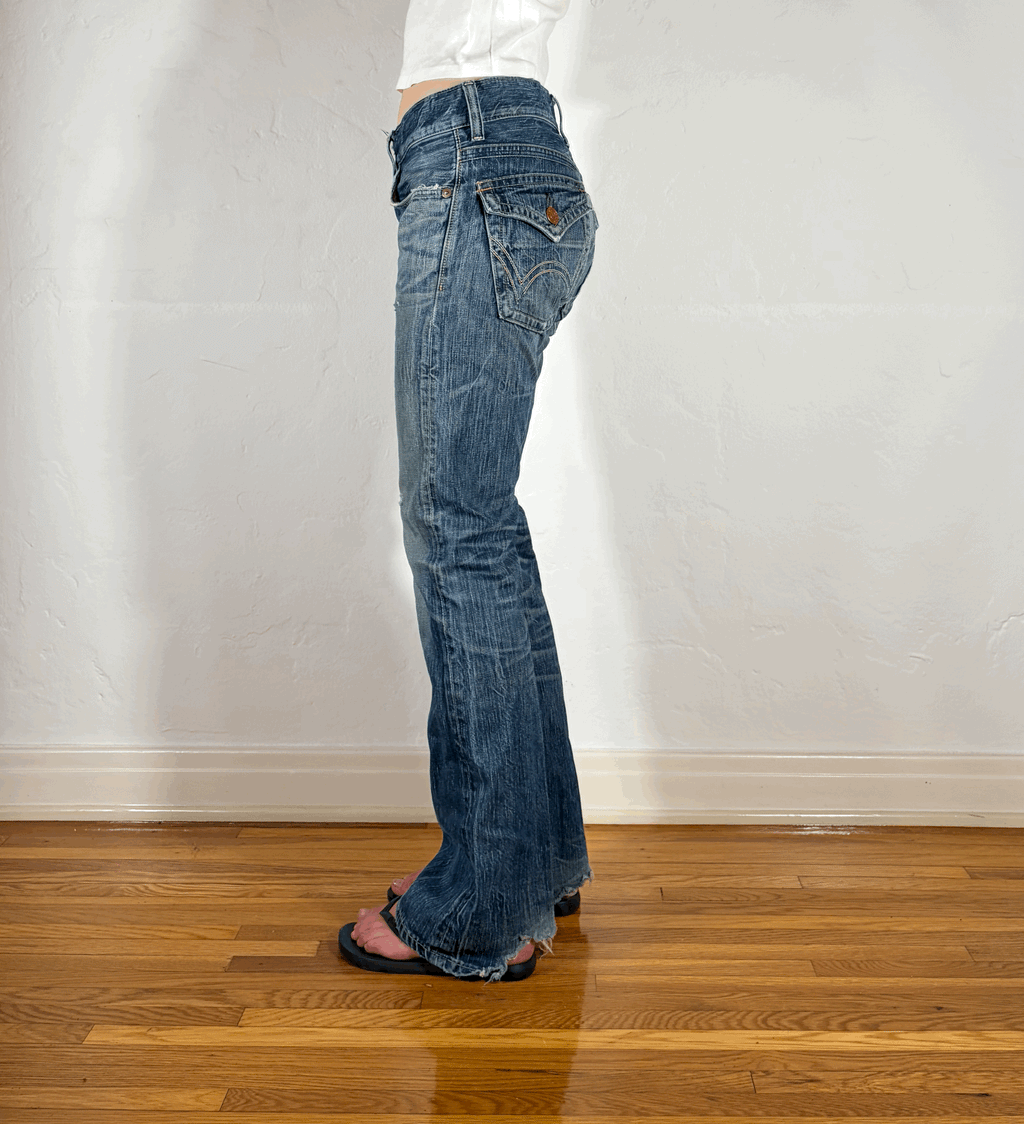 Edwin Distressed Ripped Blue Trip Flare Jeans, S/M