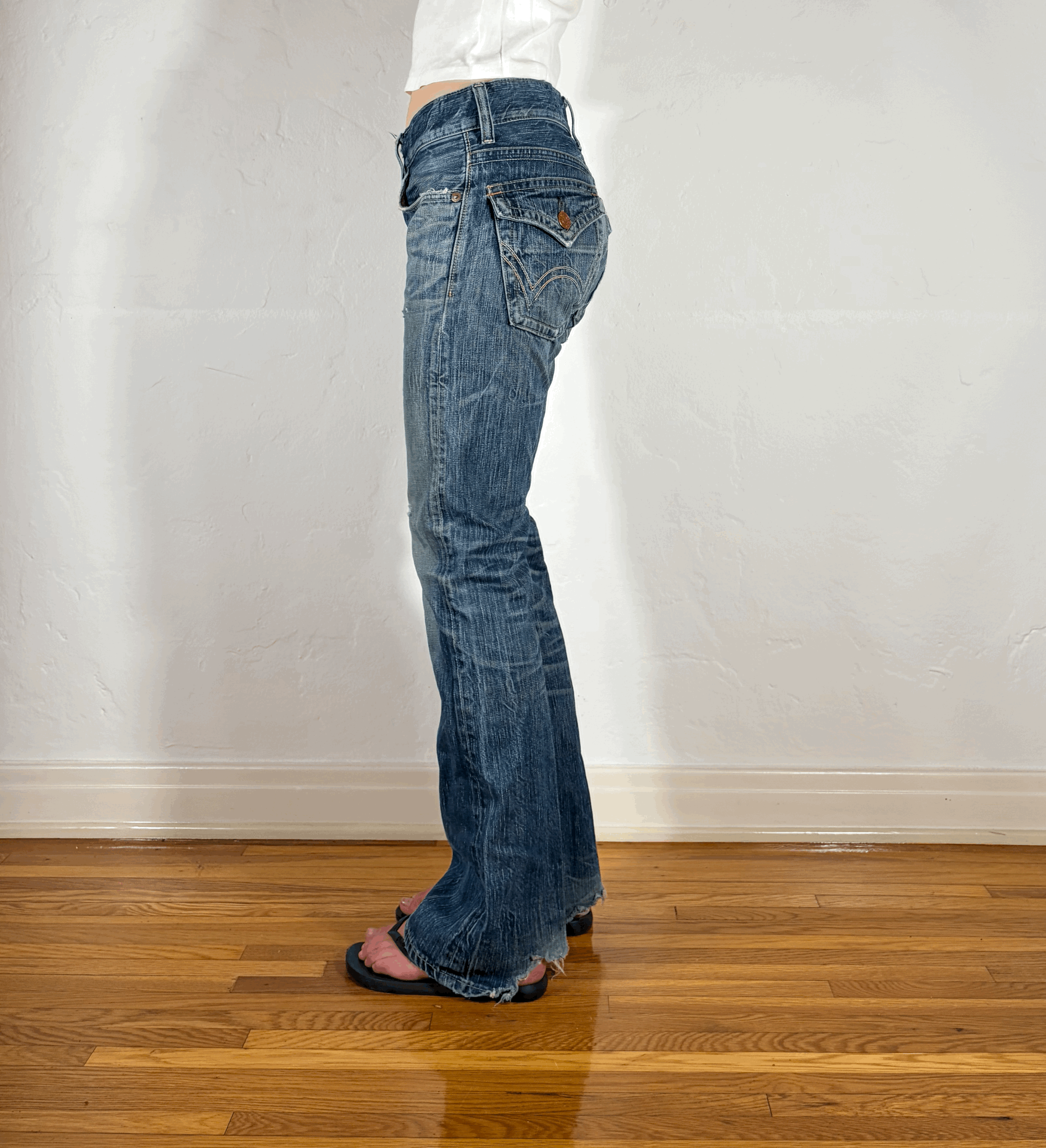 Edwin Distressed Ripped Blue Trip Flare Jeans, S/M