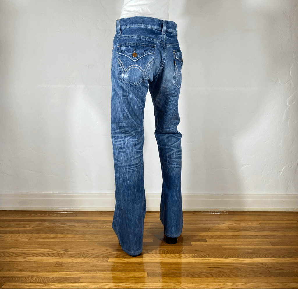 Edwin Distressed Blue Flare Jeans, L/XL