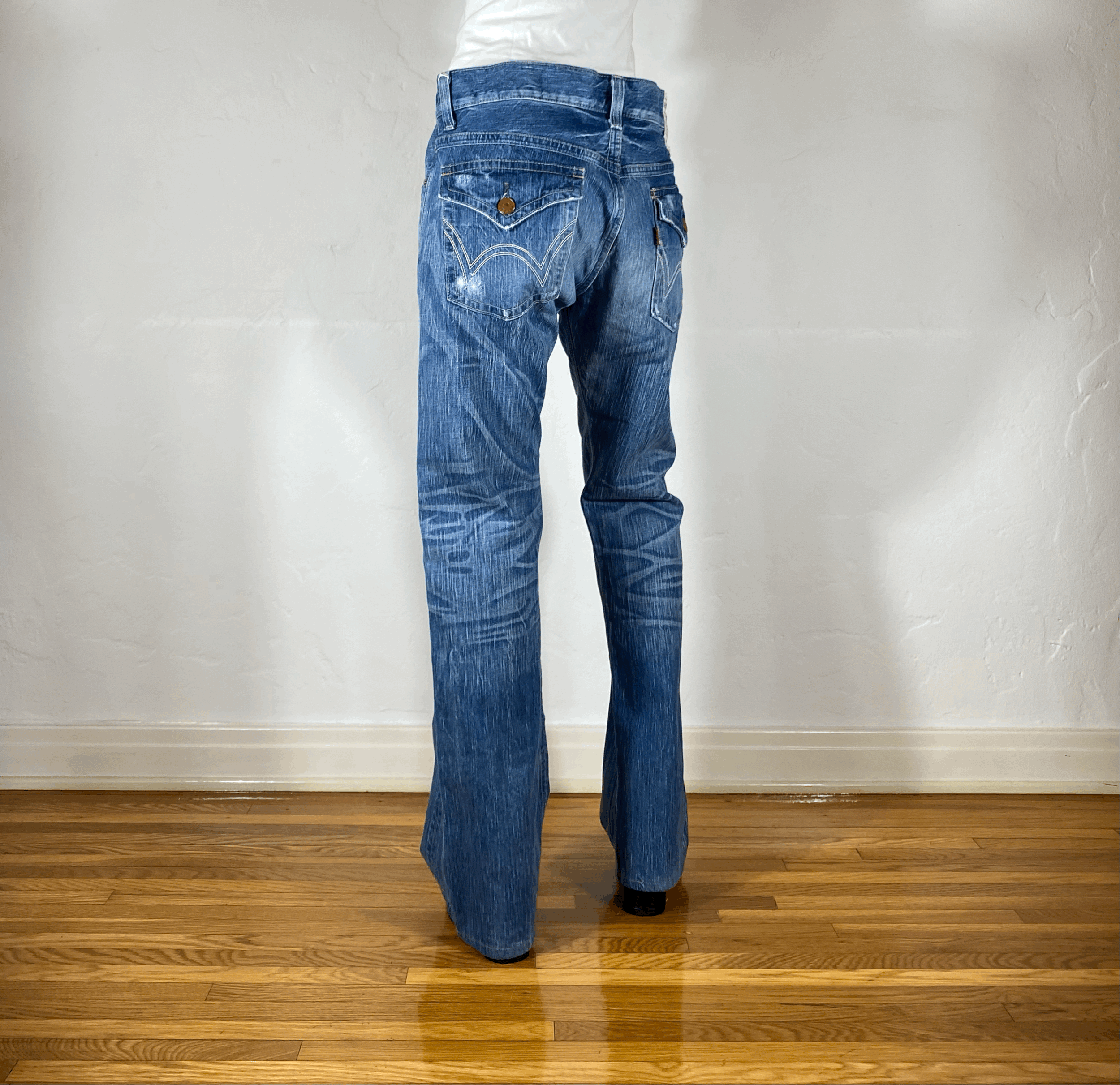 Edwin Distressed Blue Flare Jeans, L/XL