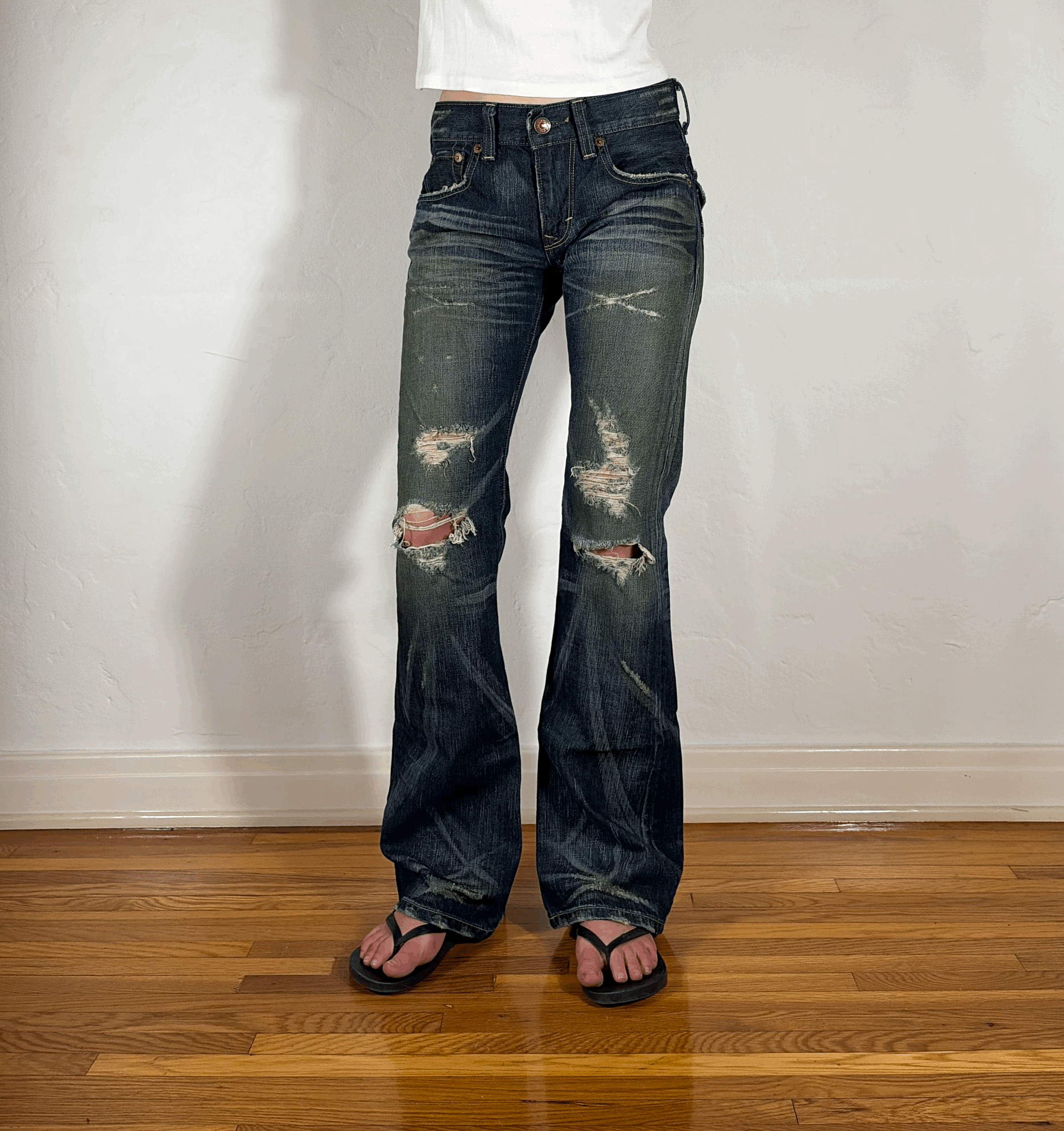 Edwin Blue Ripped Flare Jeans, S