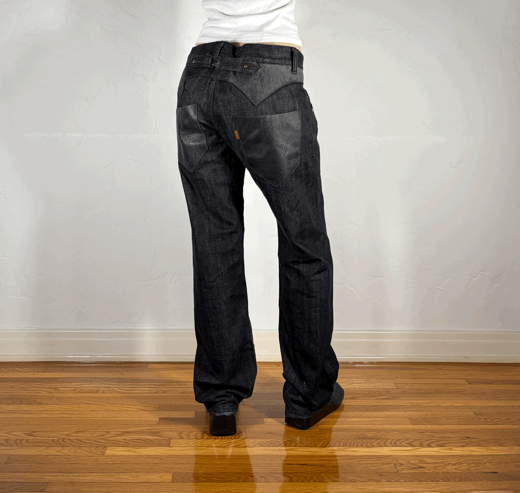 Edwin Black Cinch Back Suede and Leather Jeans, M/L