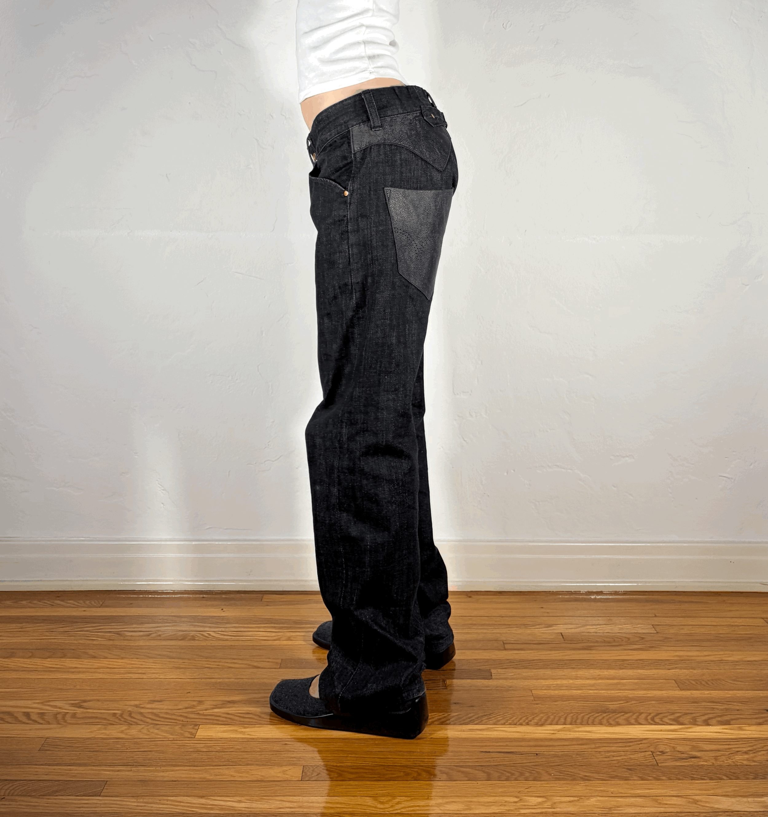 Edwin Black Cinch Back Suede and Leather Jeans, M/L