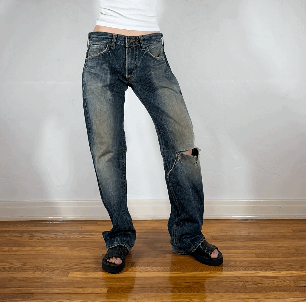 Ripped Streaky Ombre Wash Jeans, L