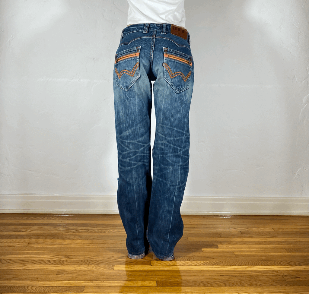 Edwin Orange Stitch Streaky Blue Jeans, S/M