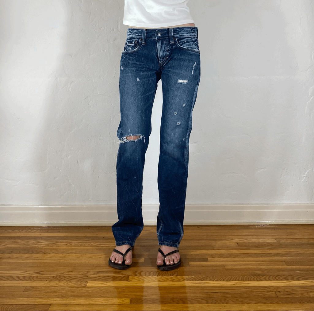 Distressed Unique Blue Stiff Jeans, S