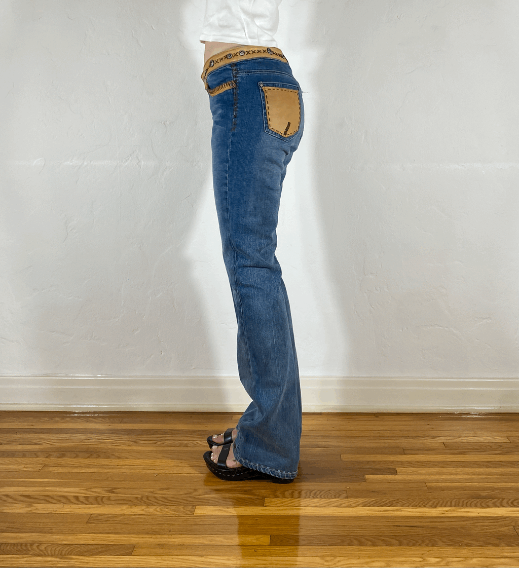 Low Rise Western Brown Leather Accent Jeans, S