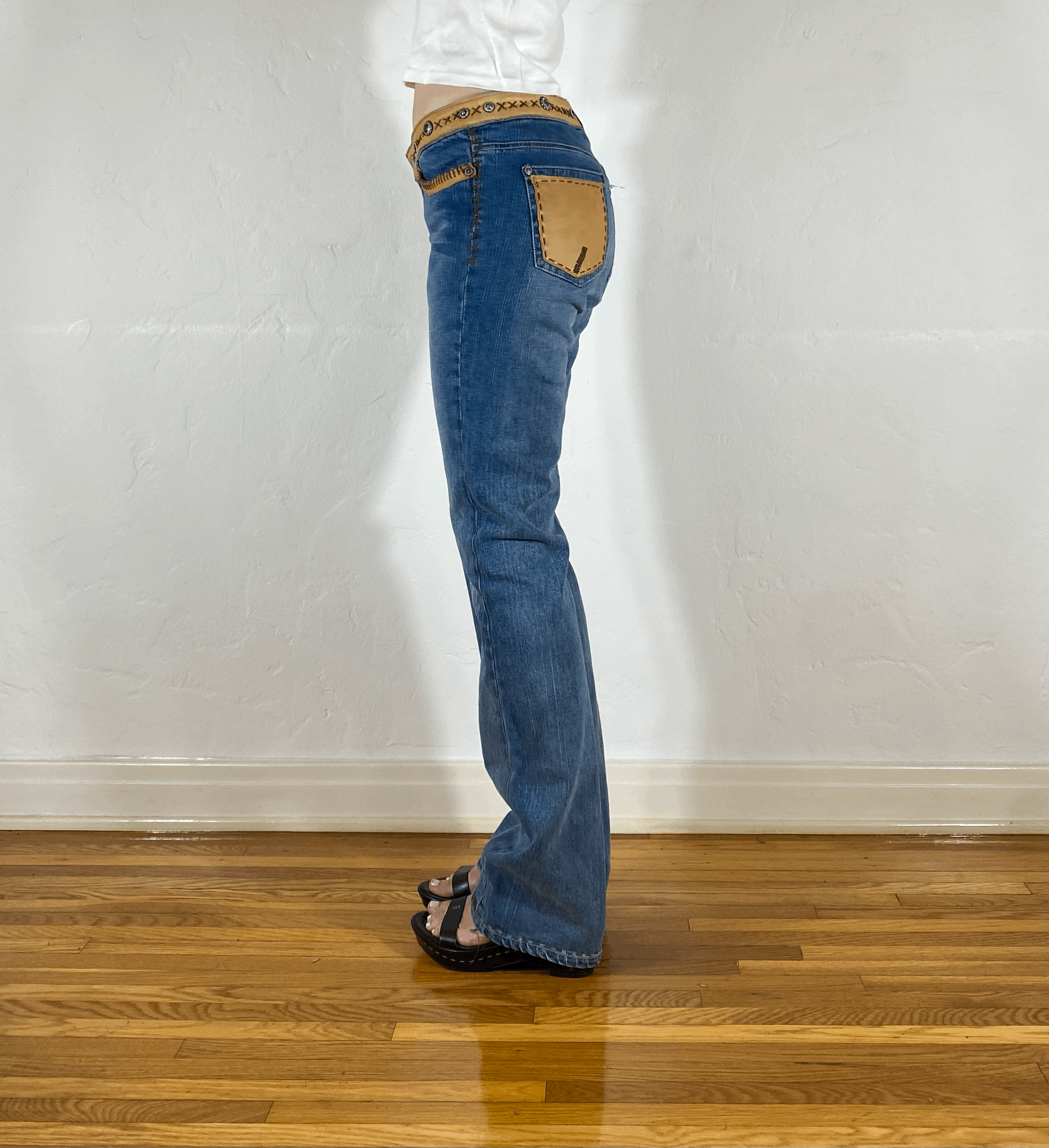 Low Rise Western Brown Leather Accent Jeans, S