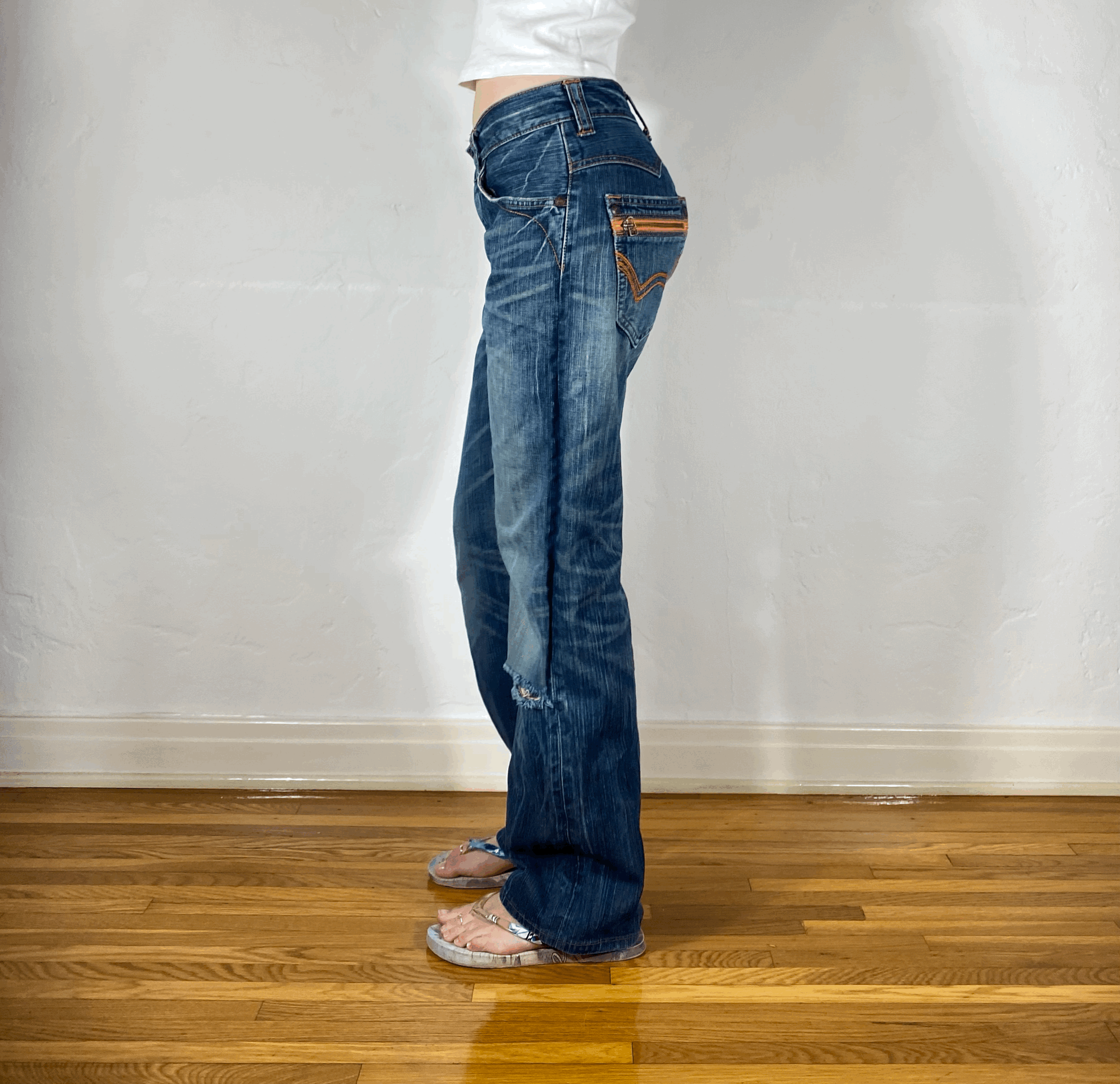 Edwin Orange Stitch Streaky Blue Jeans, S/M