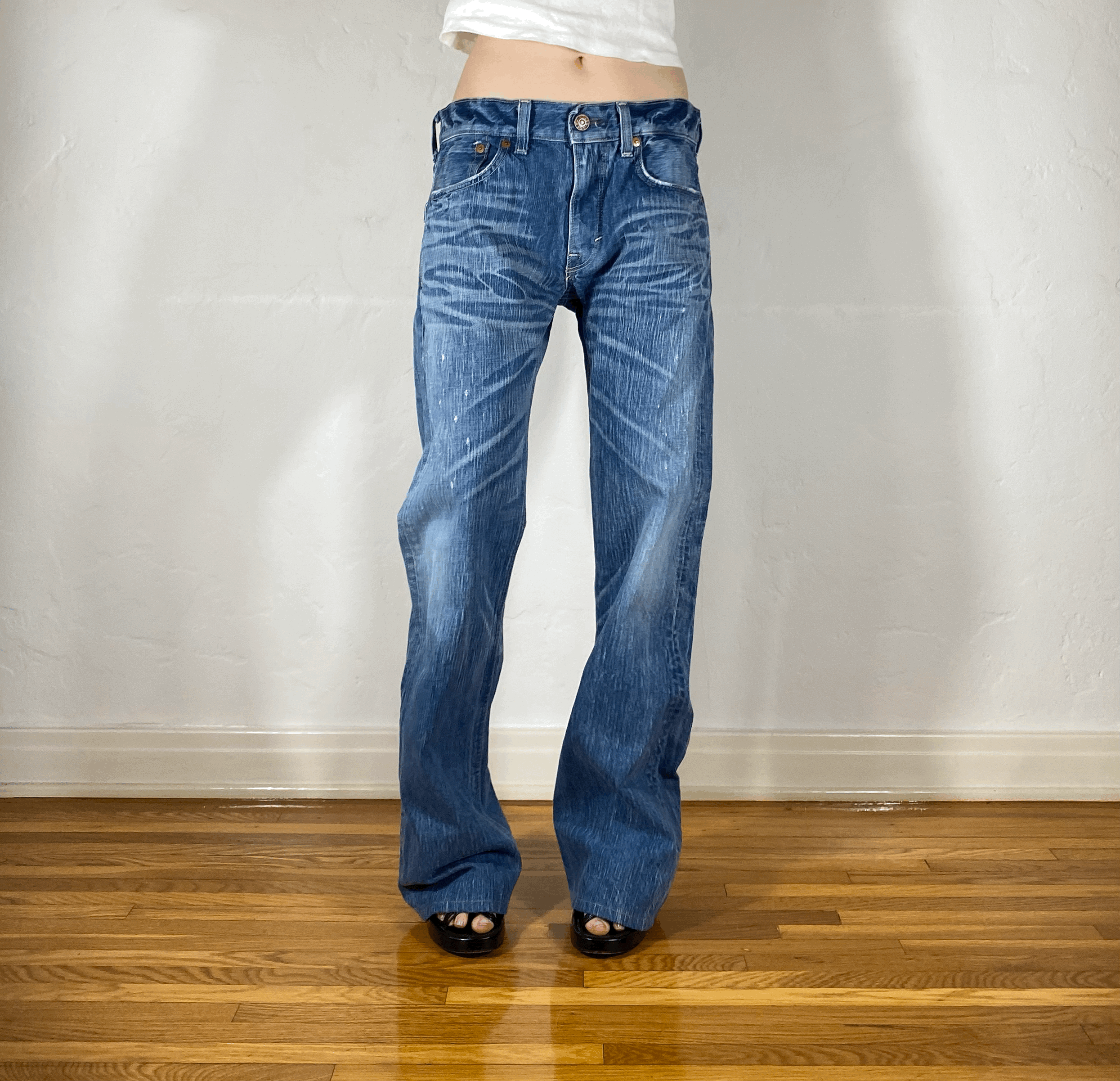 Edwin Distressed Blue Flare Jeans, L/XL