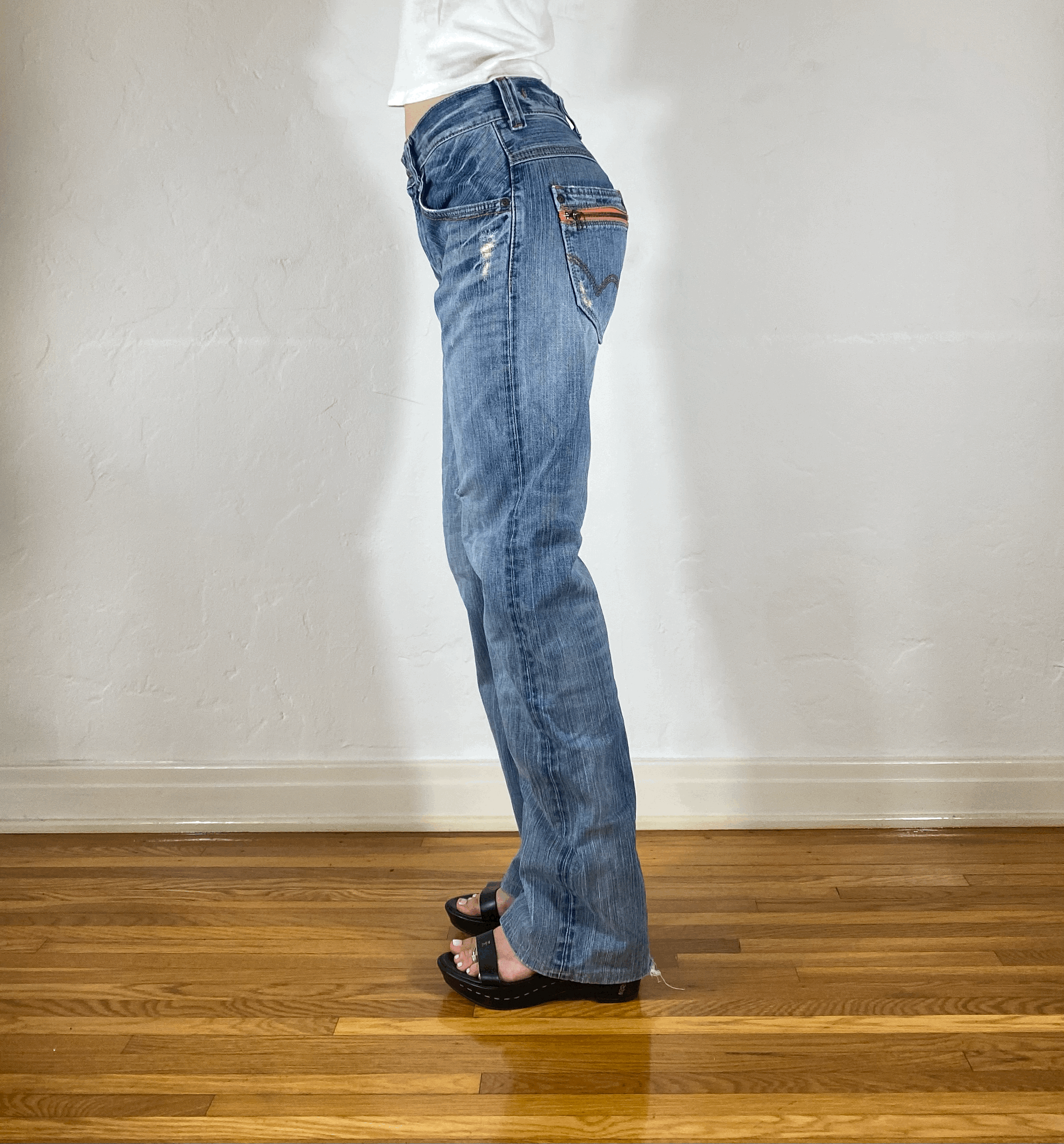 Edwin Orange Stitch Light Blue Distressed Jeans, S
