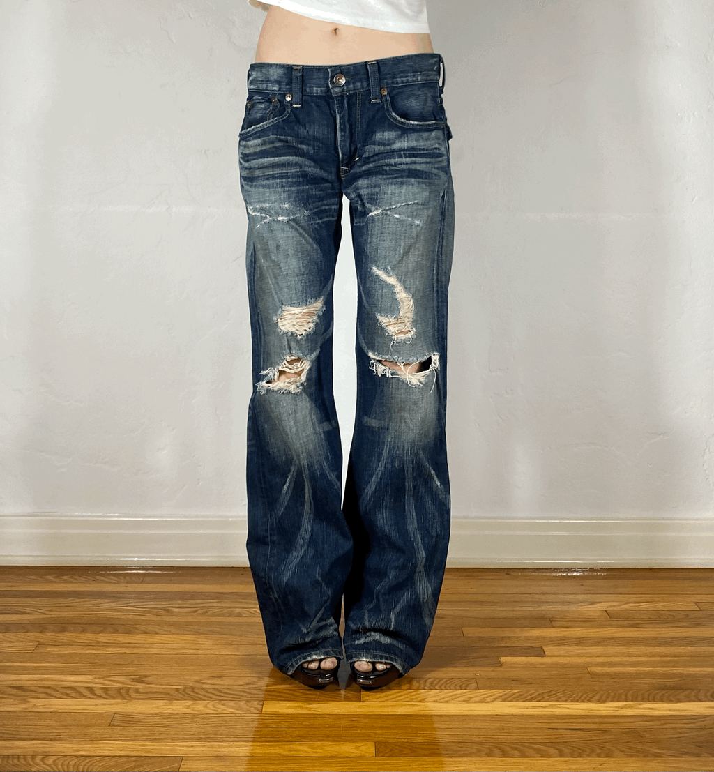 Edwin Blue Ripped Flare Jeans, L/XL