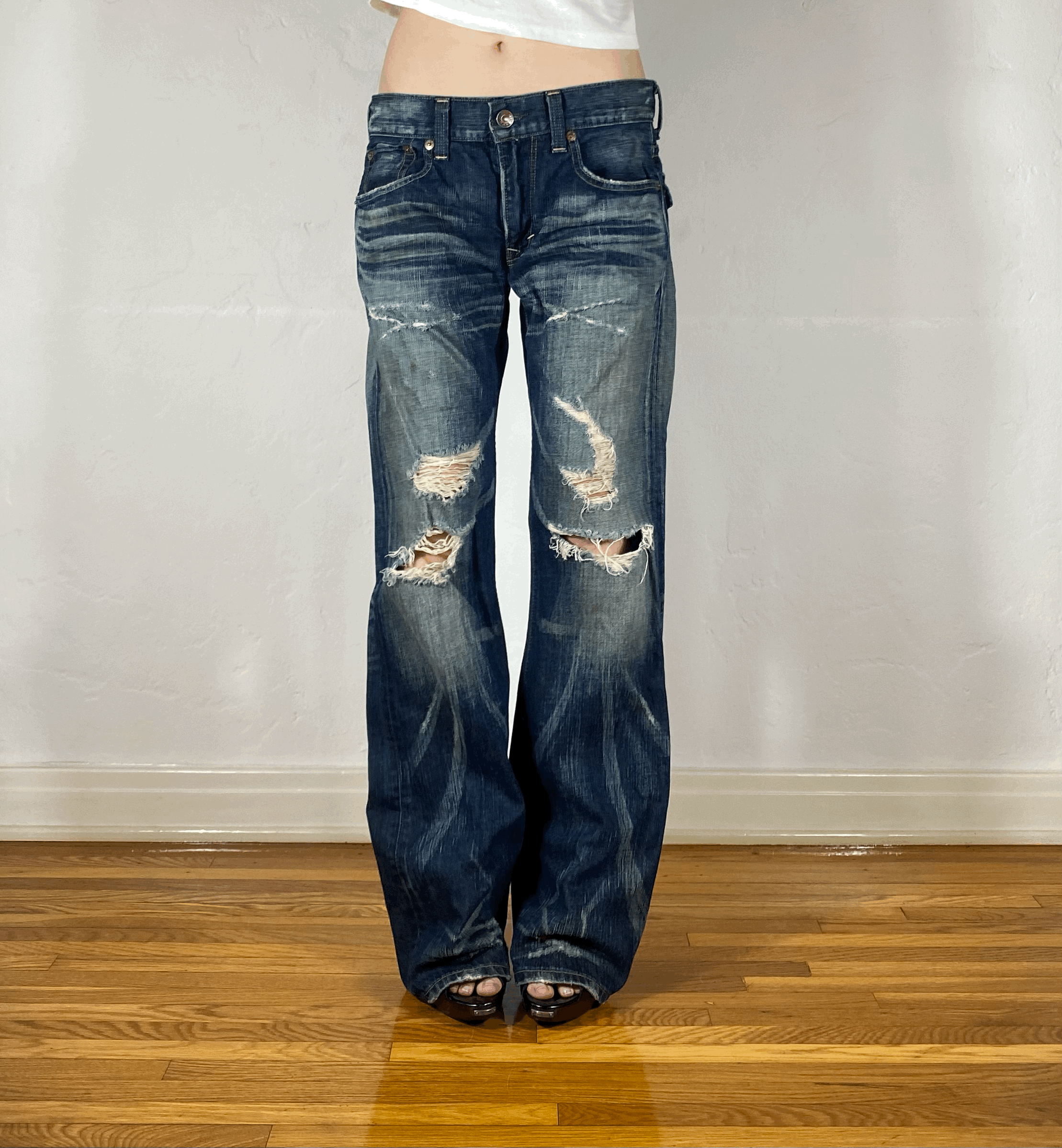 Edwin Blue Ripped Flare Jeans, L/XL