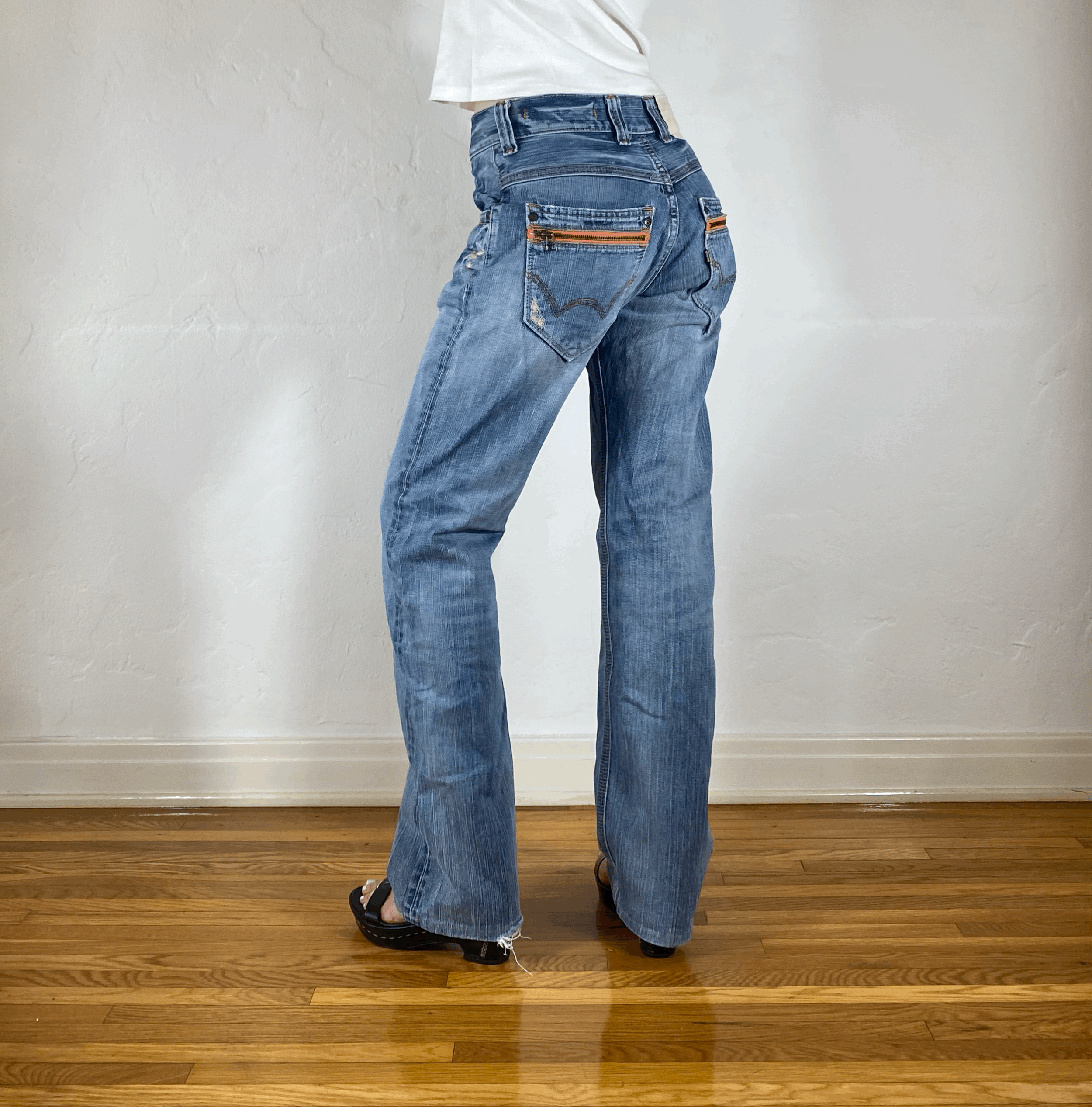 Edwin Orange Stitch Light Blue Distressed Jeans, S
