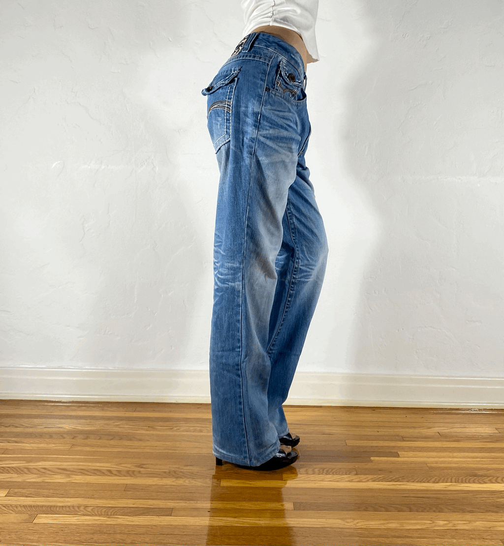 Lolita Low Rise Rainbow Red Stitched Jeans, XL
