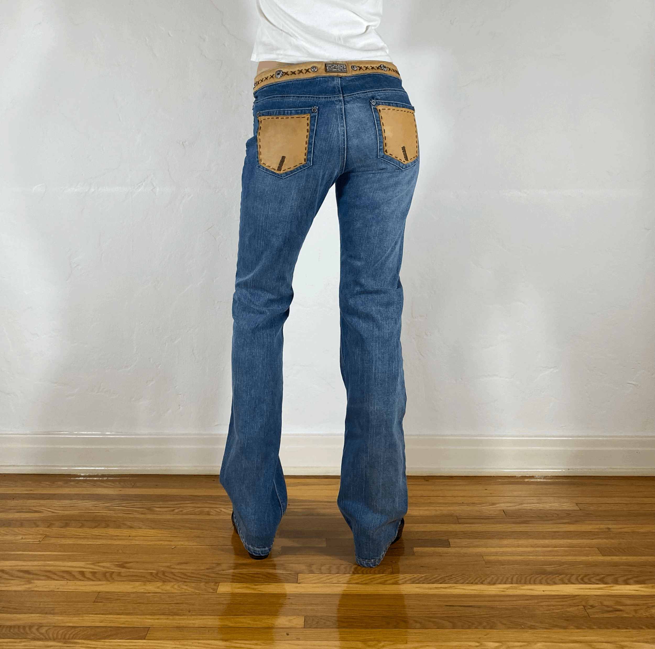 Low Rise Western Brown Leather Accent Jeans, S
