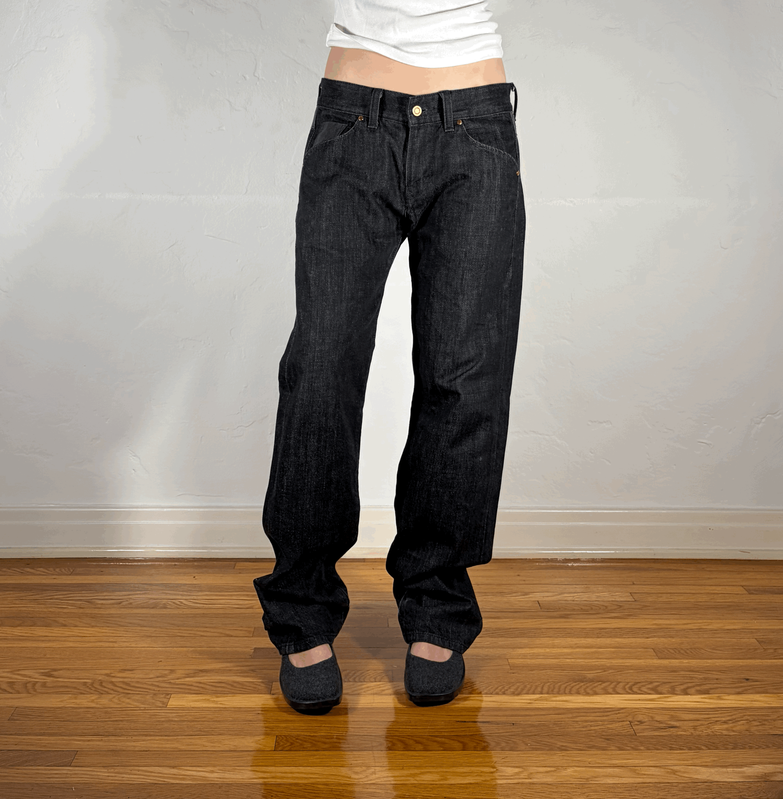 Edwin Black Cinch Back Suede and Leather Jeans, M/L