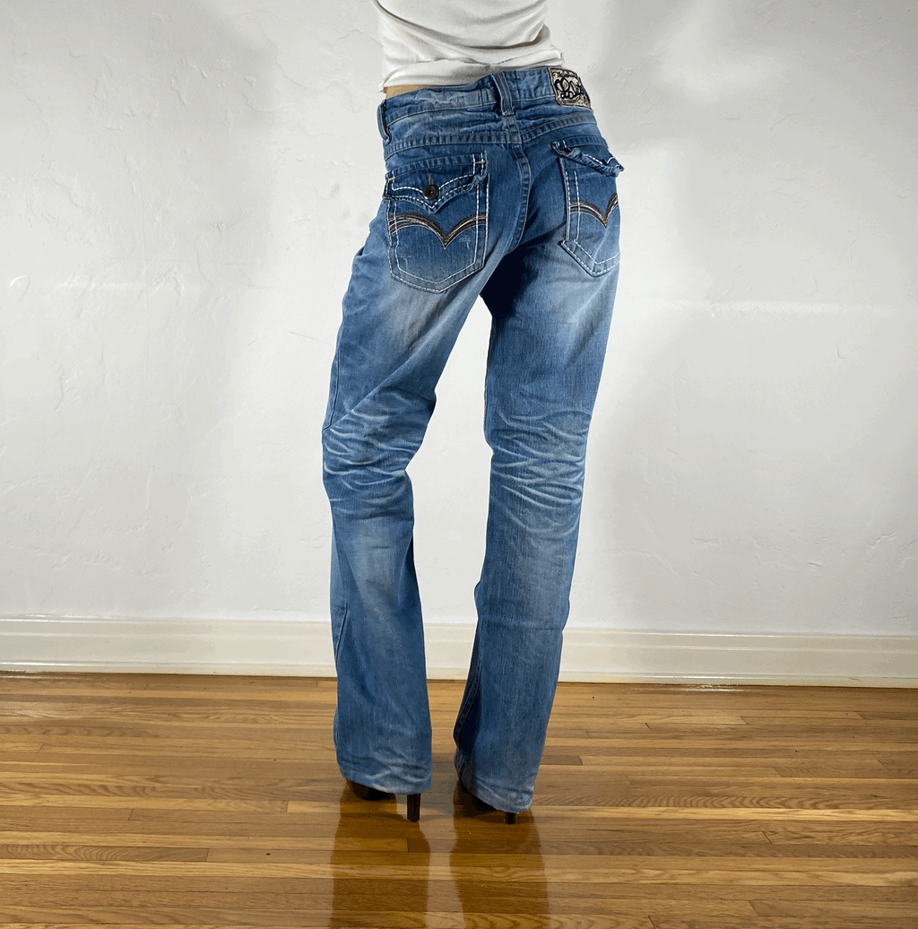 Lolita Low Rise Rainbow Red Stitched Jeans, XL
