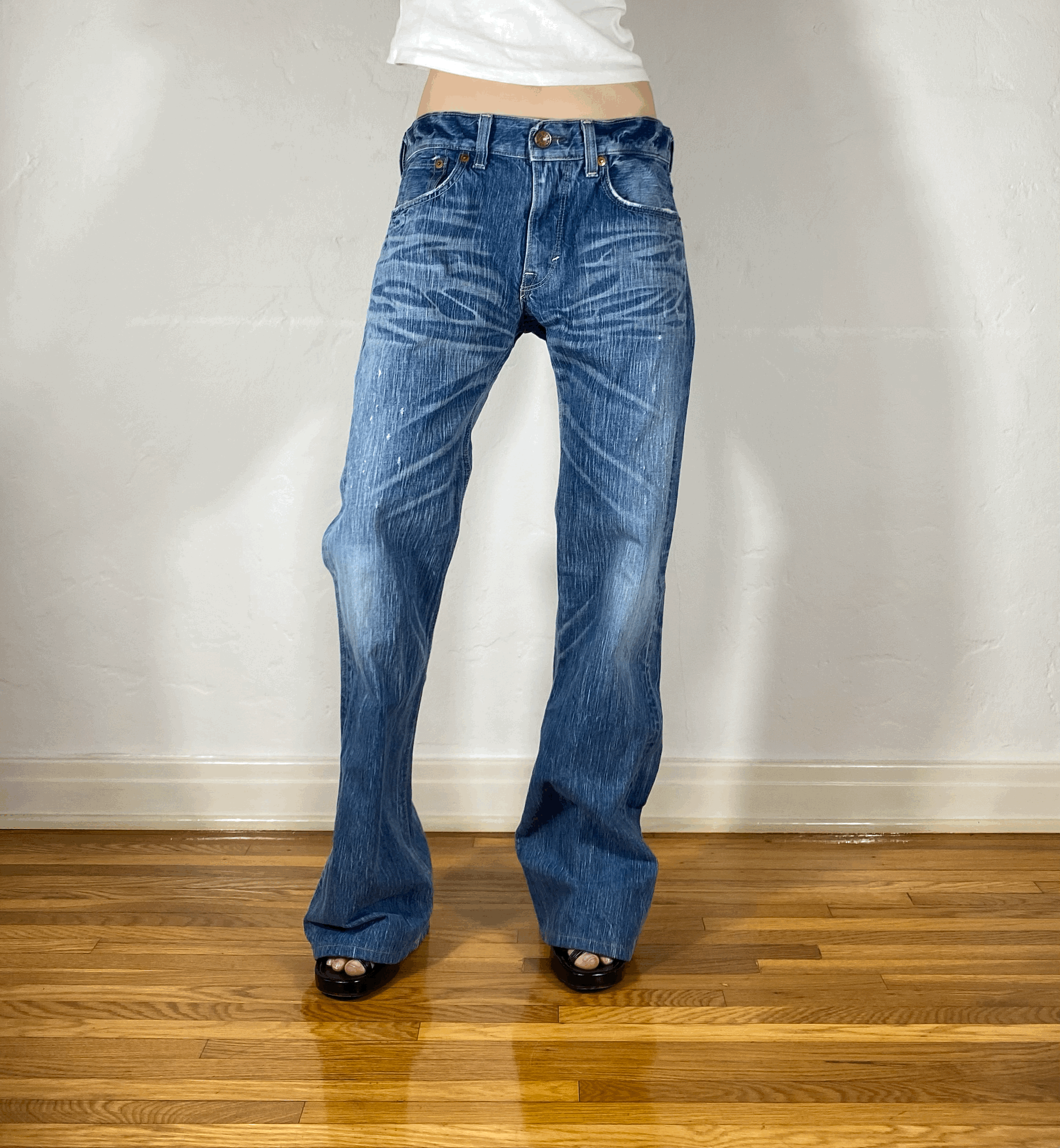 Edwin Distressed Blue Flare Jeans, L/XL