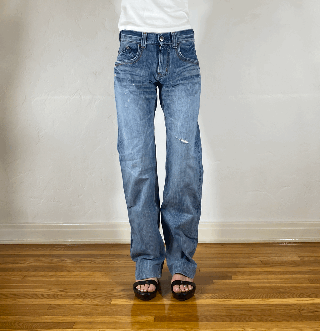 Edwin Orange Stitch Light Blue Distressed Jeans, S