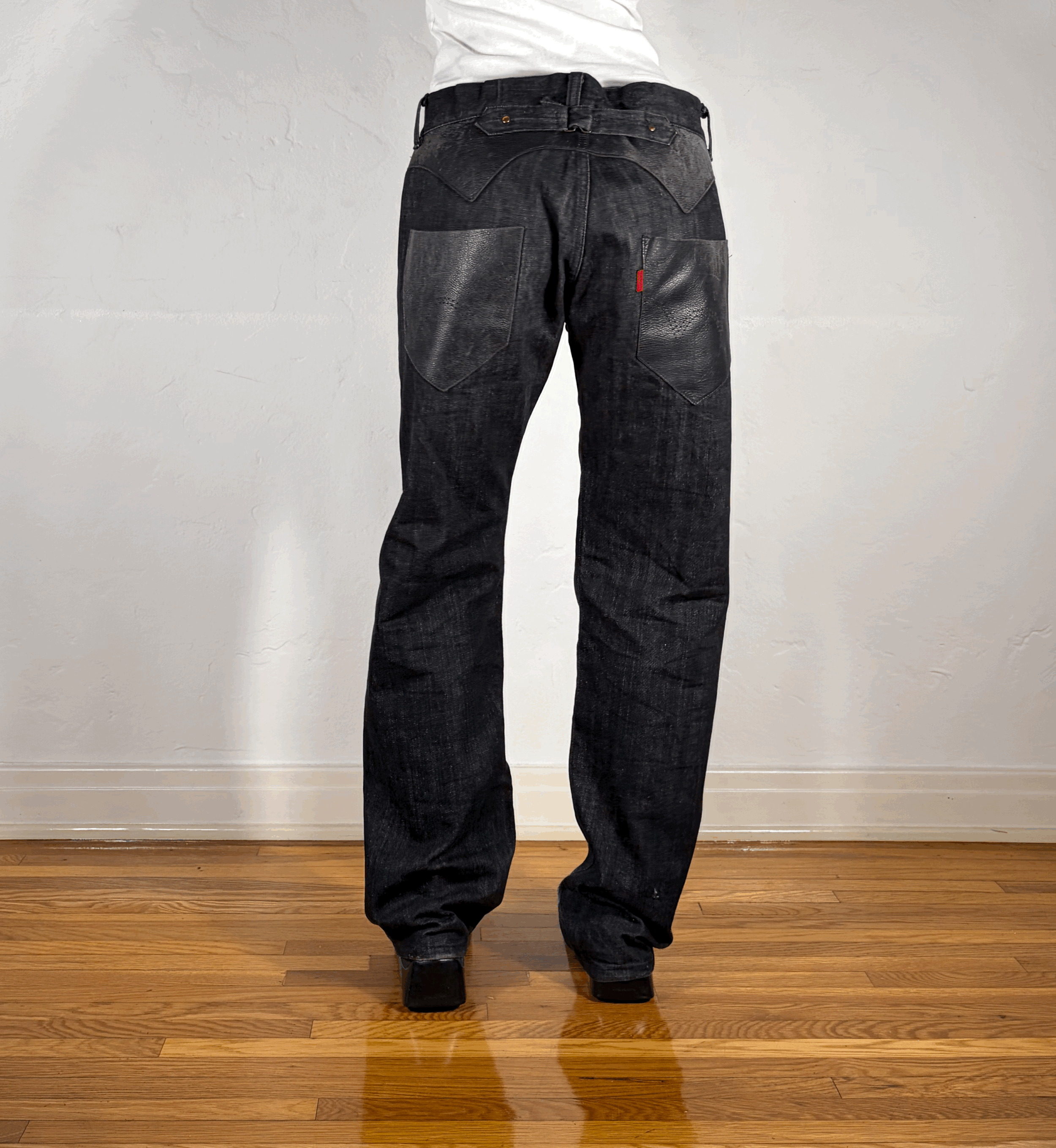 Edwin Black Cinch Back Suede and Leather Jeans, M/L