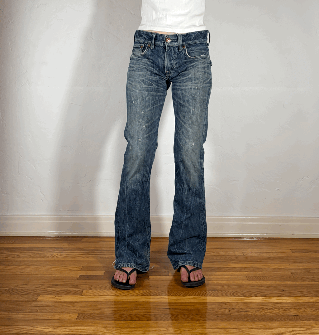 Edwin Distressed Ripped Blue Trip Flare Jeans, S/M