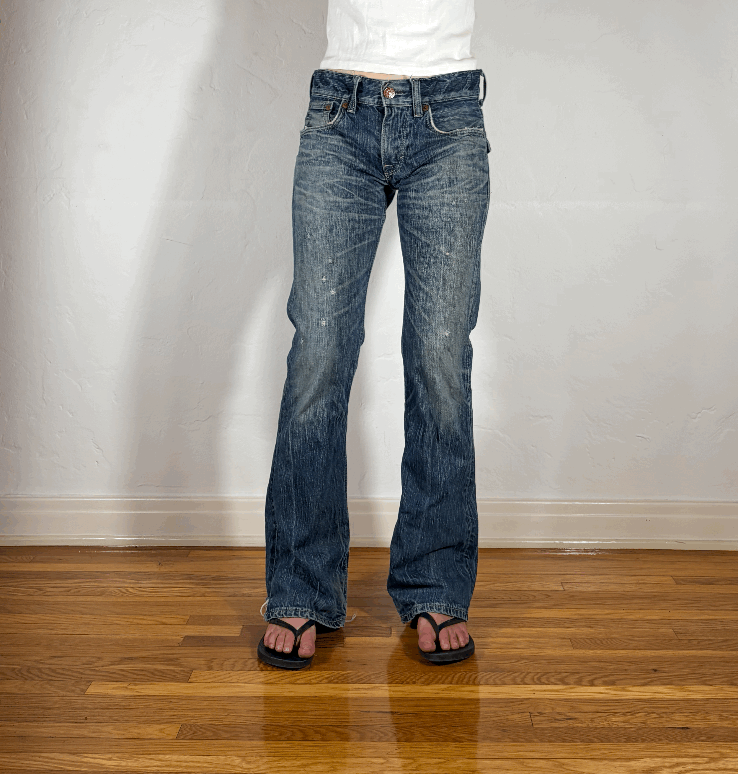 Edwin Distressed Ripped Blue Trip Flare Jeans, S/M