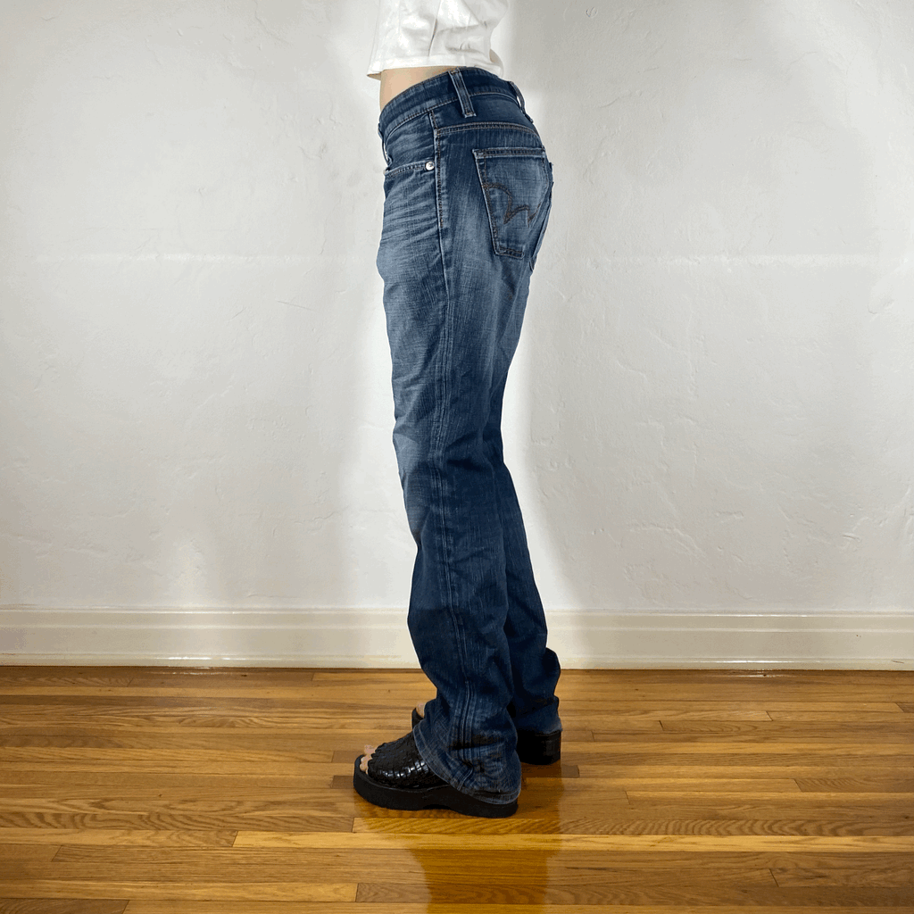 Distressed Grayish Blue Boyfriend Jeans, M