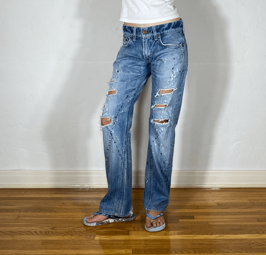 Repaired Distressed Splattered Jeans, S