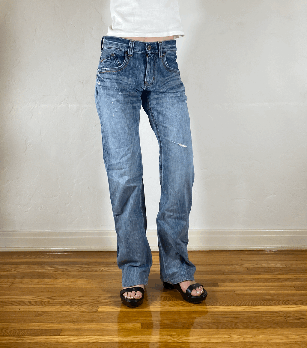 Edwin Orange Stitch Light Blue Distressed Jeans, S