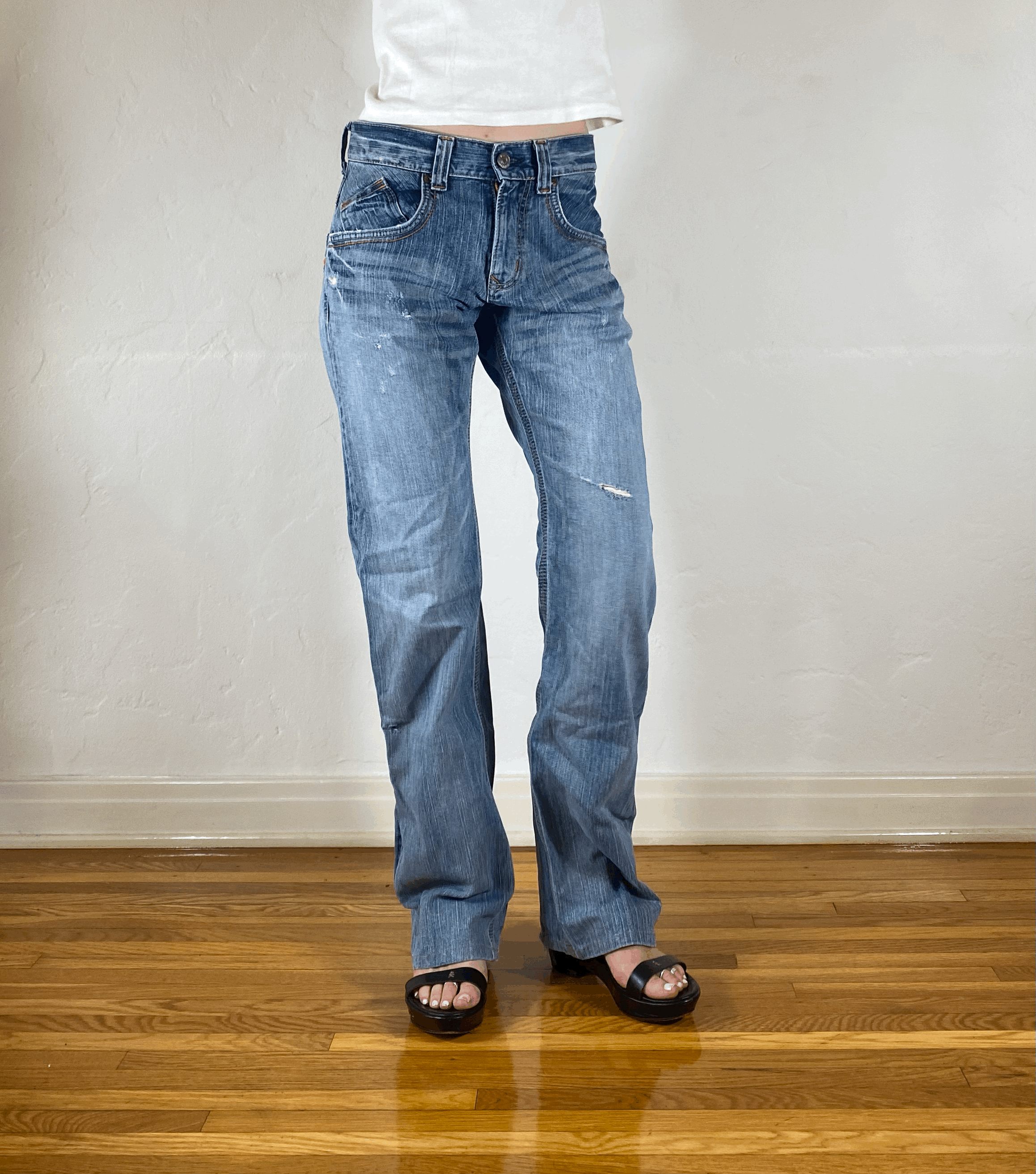 Edwin Orange Stitch Light Blue Distressed Jeans, S