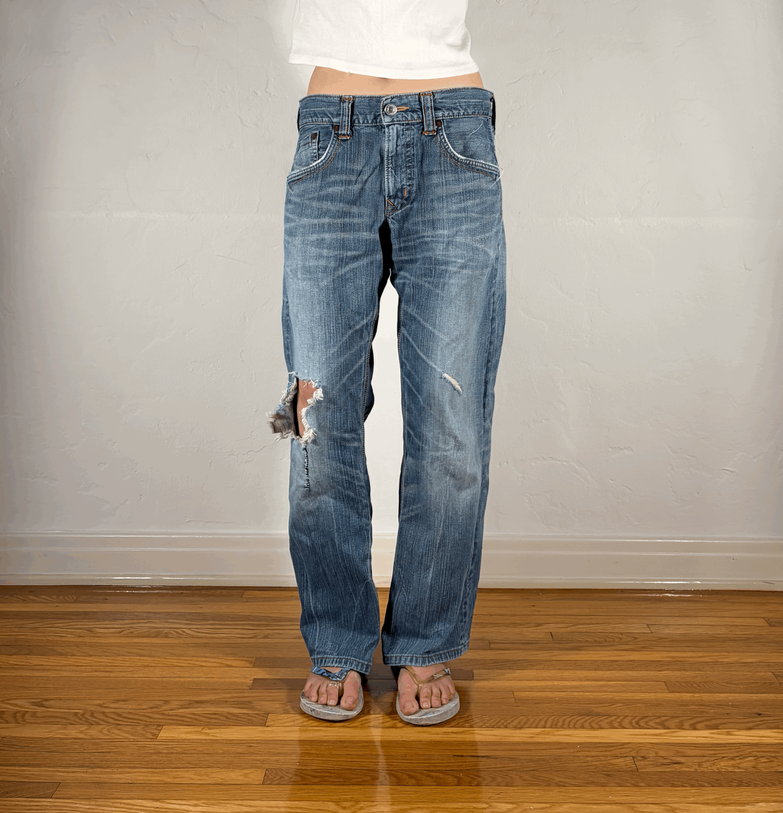 Edwin Orange Stitch Ripped Jeans, M/L