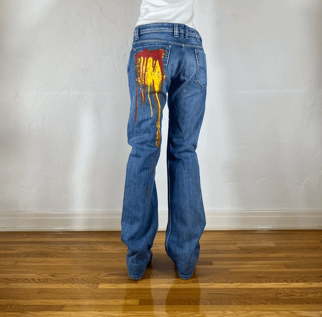 Diesel Yellow and Red Paint Splatter Jeans, M