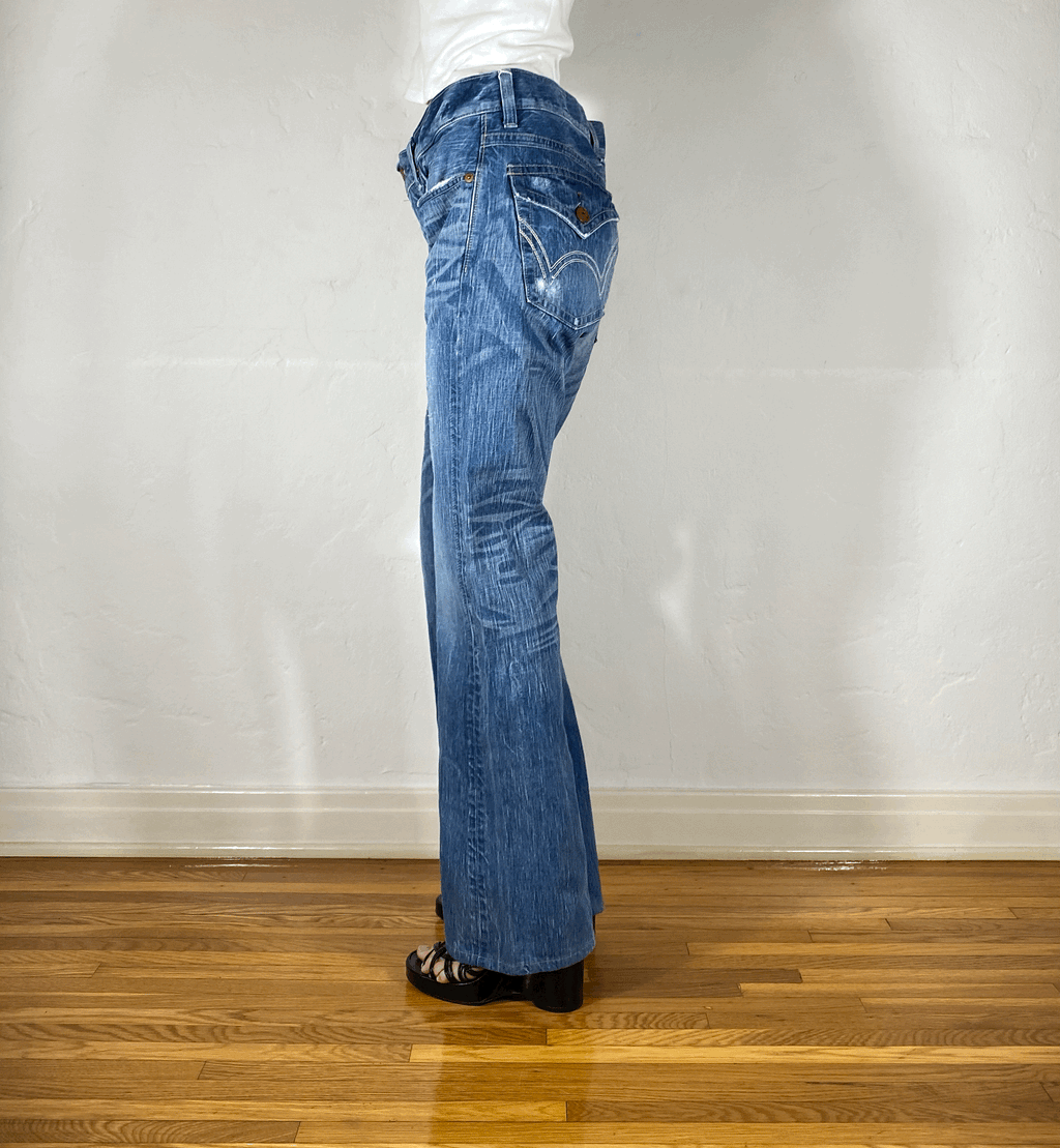 Edwin Distressed Blue Flare Jeans, L/XL