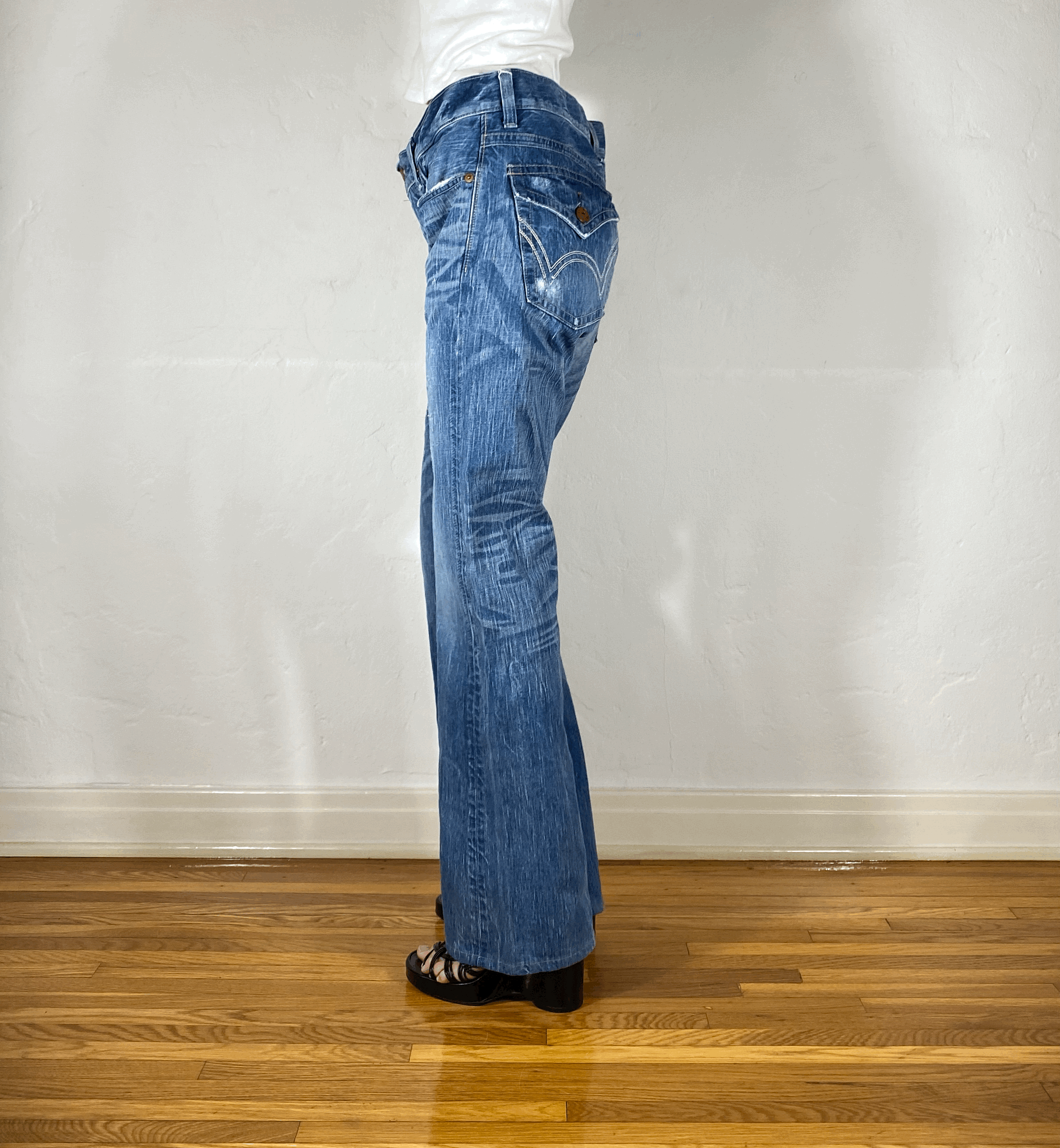 Edwin Distressed Blue Flare Jeans, L/XL