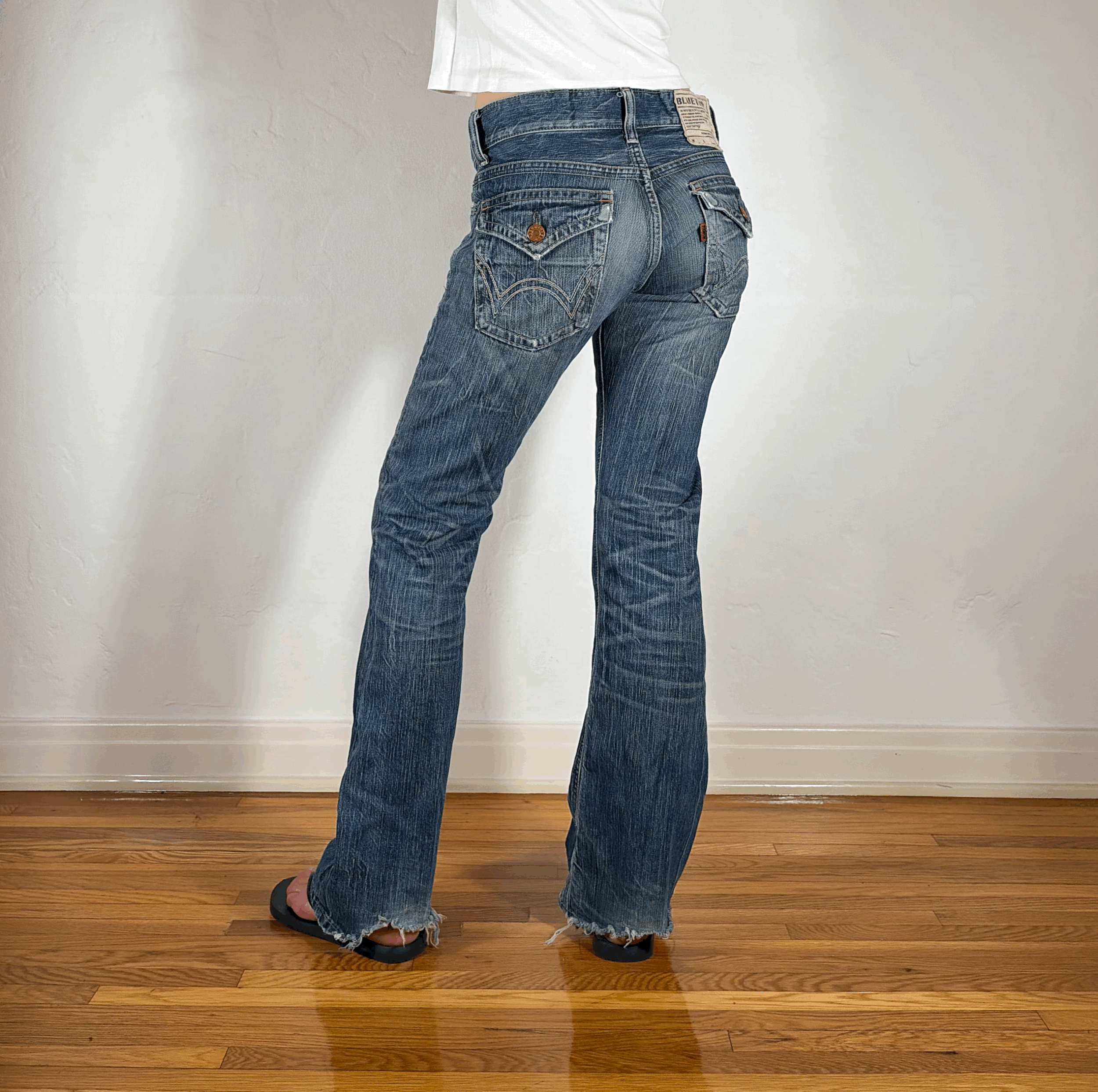Edwin Distressed Ripped Blue Trip Flare Jeans, S/M