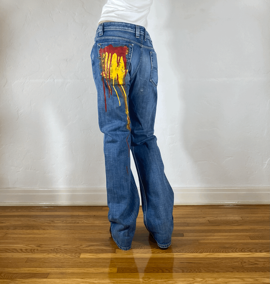 Diesel Yellow and Red Paint Splatter Jeans, M
