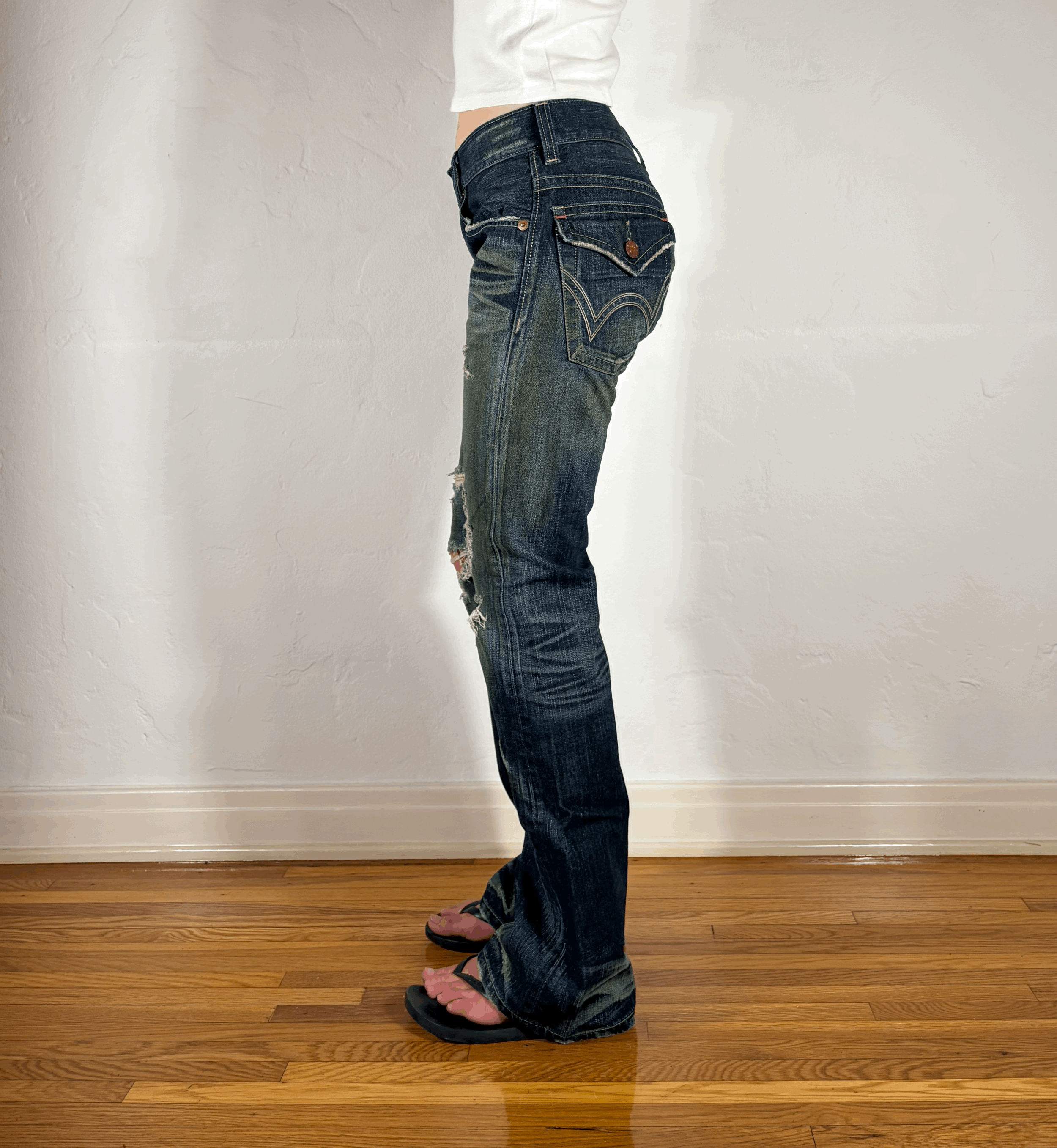 Edwin Blue Ripped Flare Jeans, S