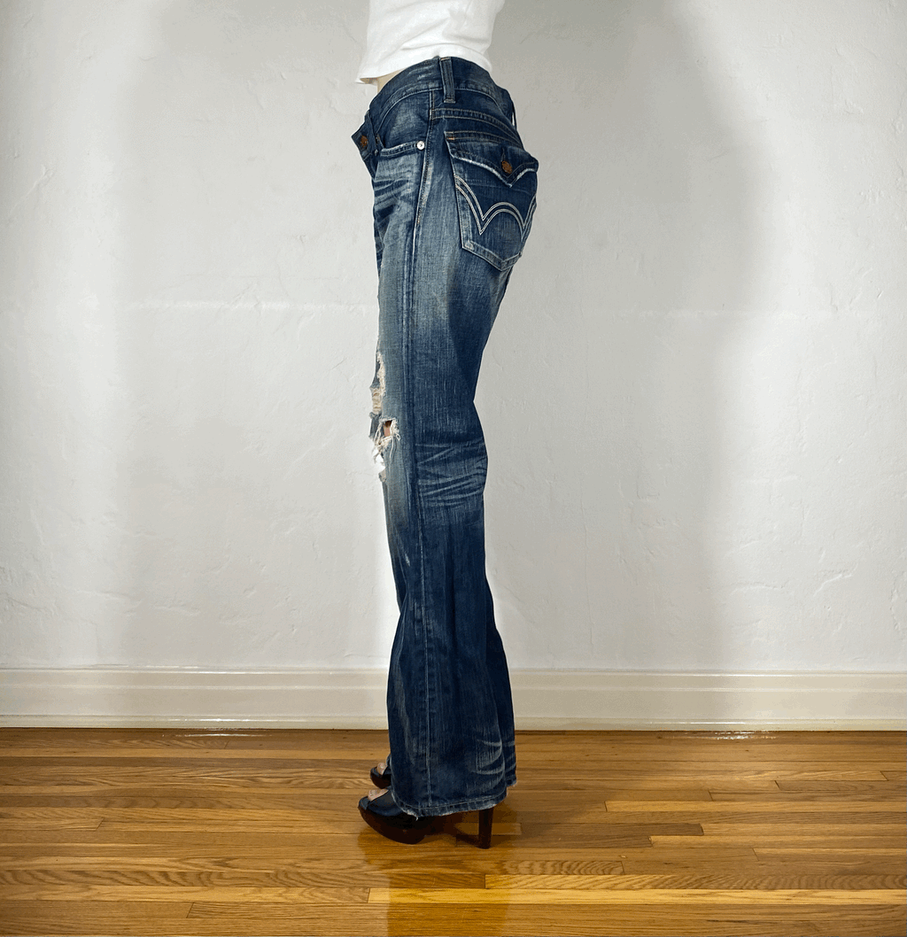 Edwin Blue Ripped Flare Jeans, L/XL