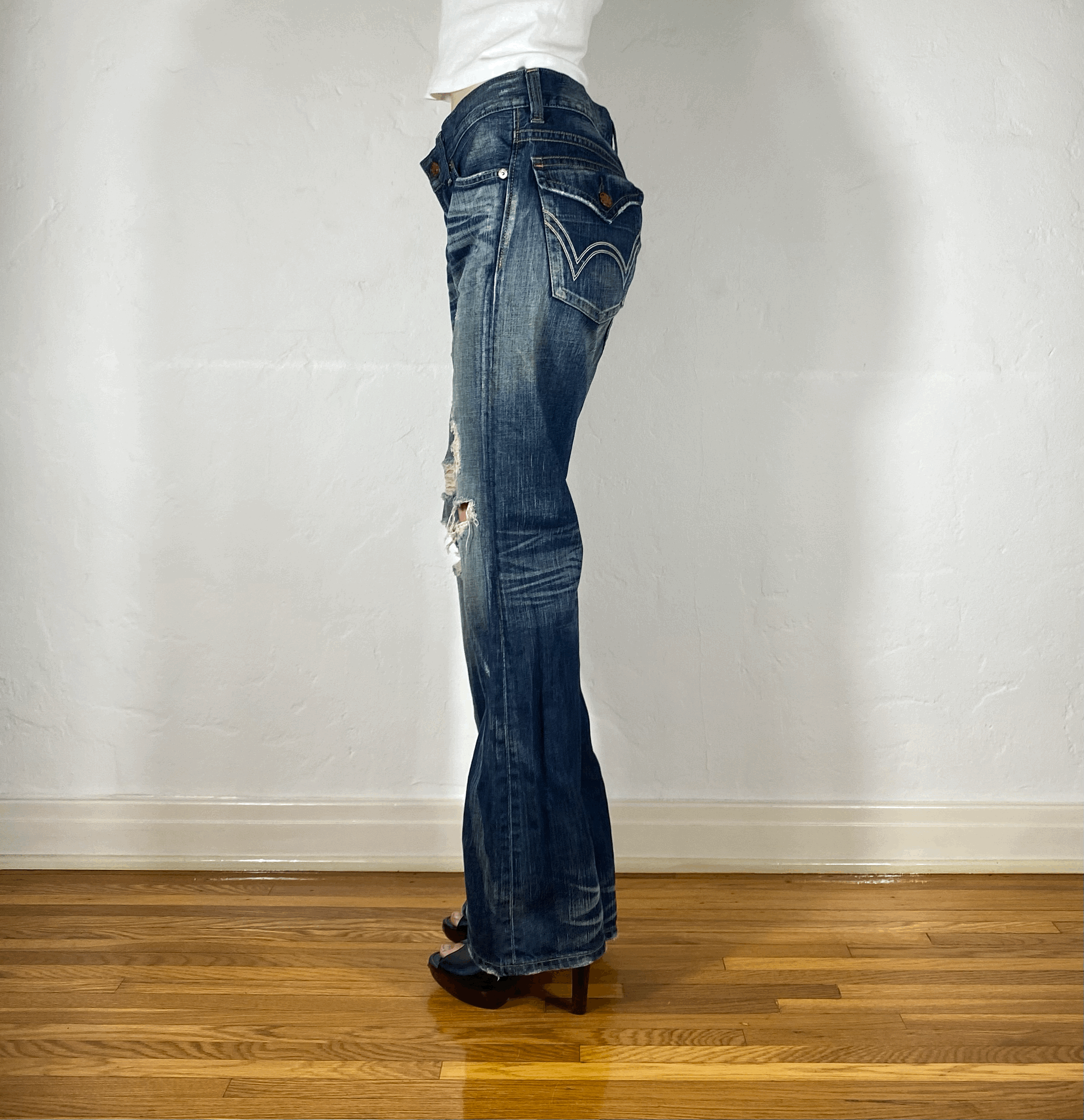Edwin Blue Ripped Flare Jeans, L/XL