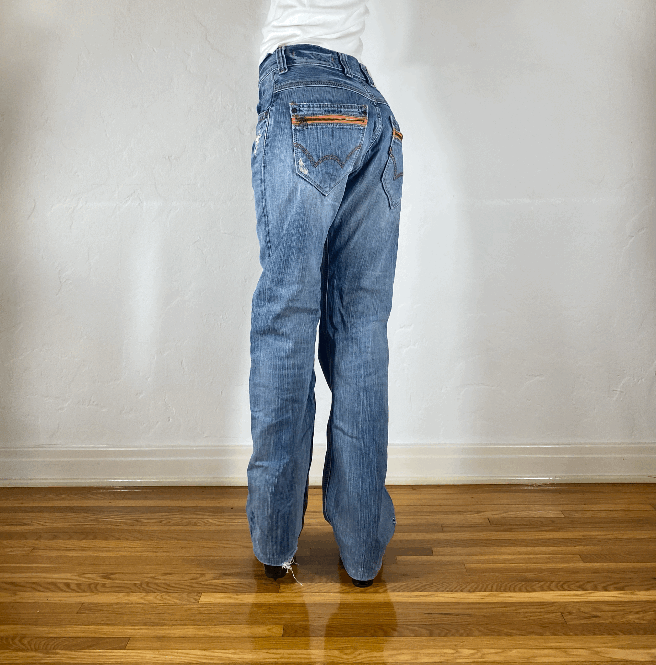 Edwin Orange Stitch Light Blue Distressed Jeans, S