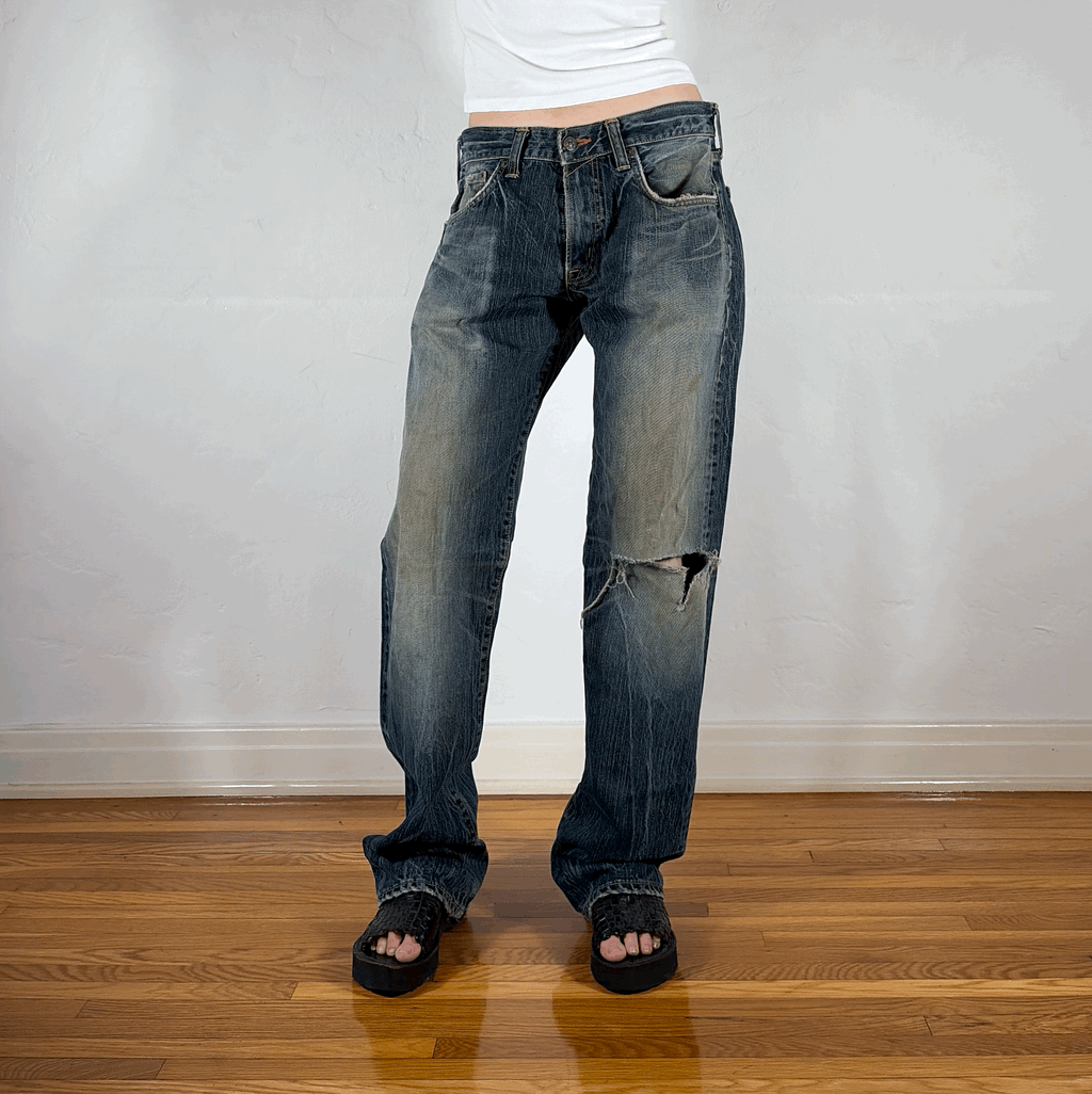 Ripped Streaky Ombre Wash Jeans, L