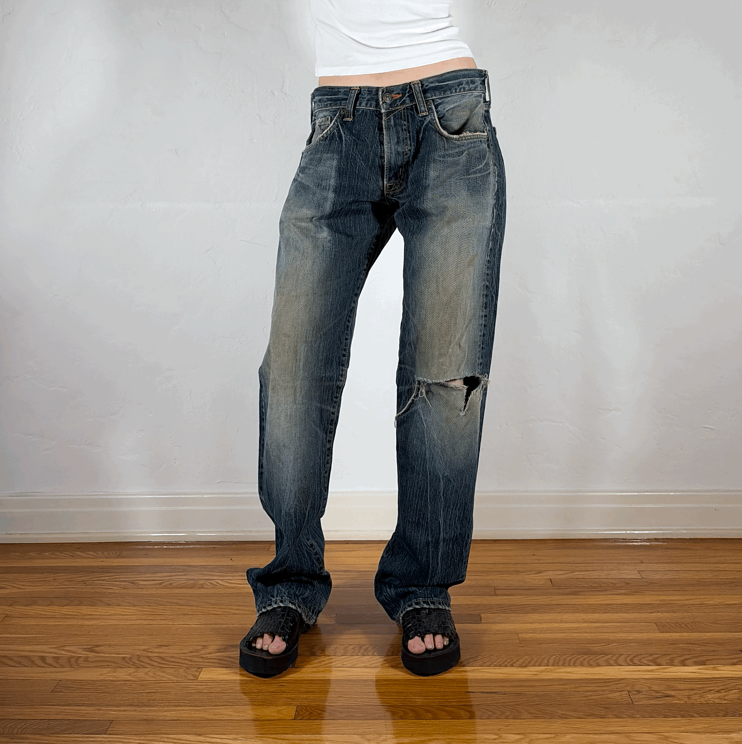Ripped Streaky Ombre Wash Jeans, L