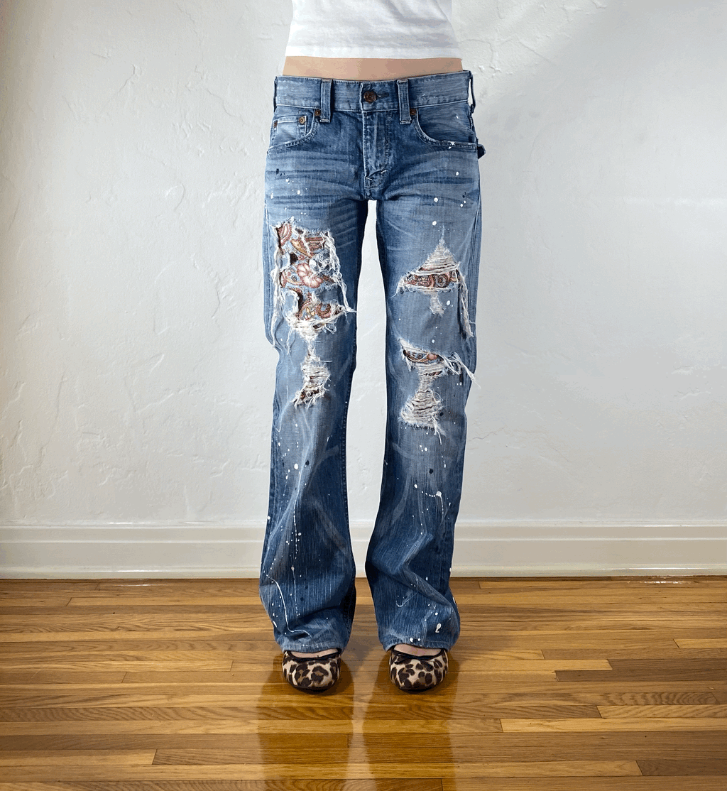 Crash Distressed Paisley Jeans, M