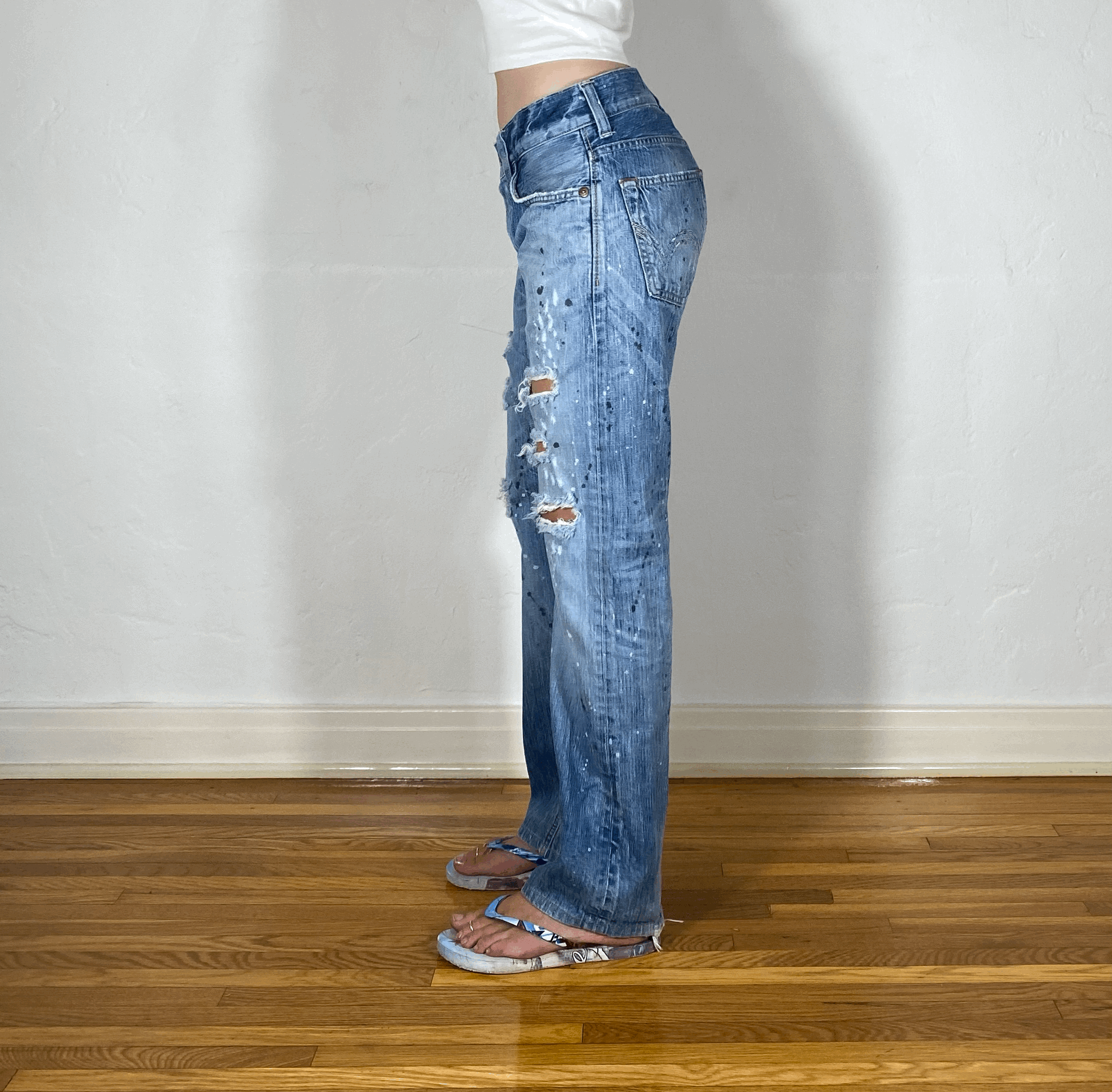 Repaired Distressed Splattered Jeans, S