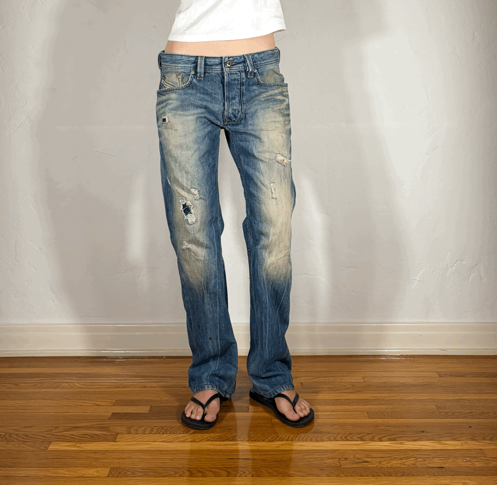 Diesel Relaxed Distressed Green Hue Jeans, M
